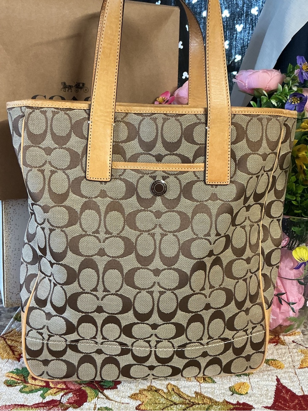 Coach Brown/Khaki Signature Canvas Tote with Leather Trim